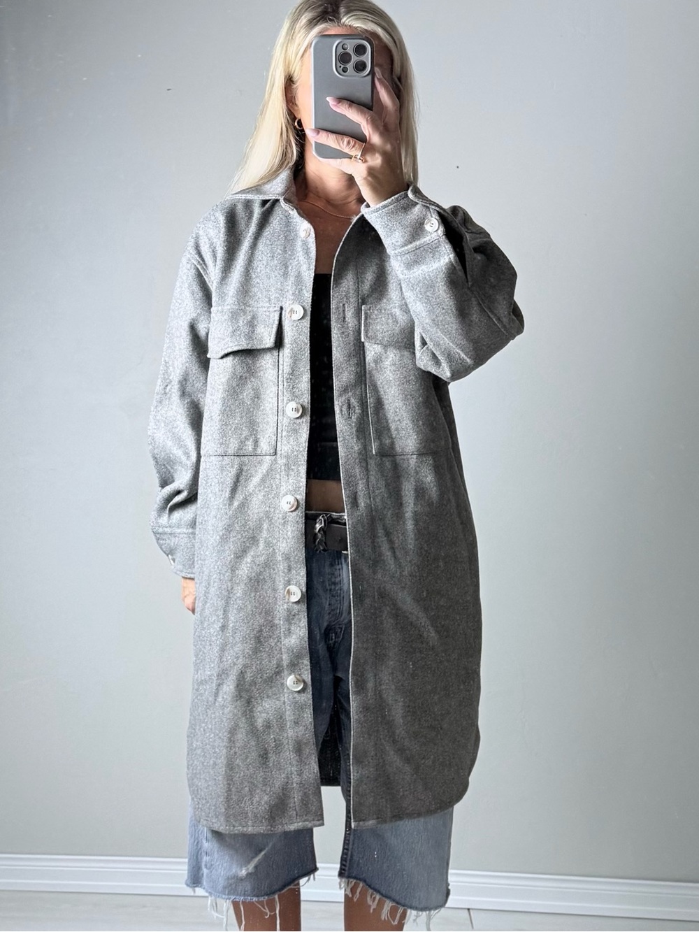 Women's Long Gray Flannel Button-Front Shirt Coat Shacket